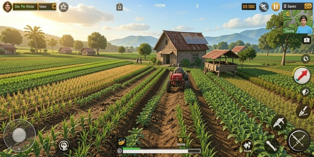 Tampilan gameplay seru di F200M dengan aktivitas bertani yang beragam.