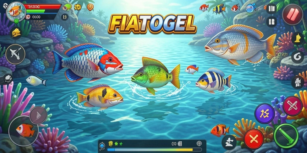 Gameplay seru dari FIATOGEL menembak ikan berwarna-warni.