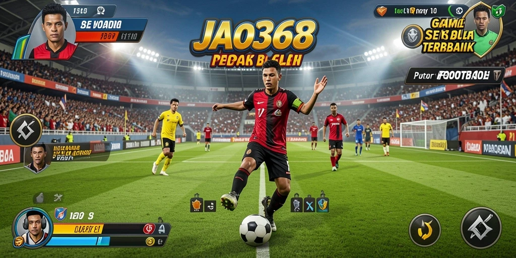 Tangkapan layar gameplay JAGO368 menampilkan aksi seru di lapangan sepak bola.