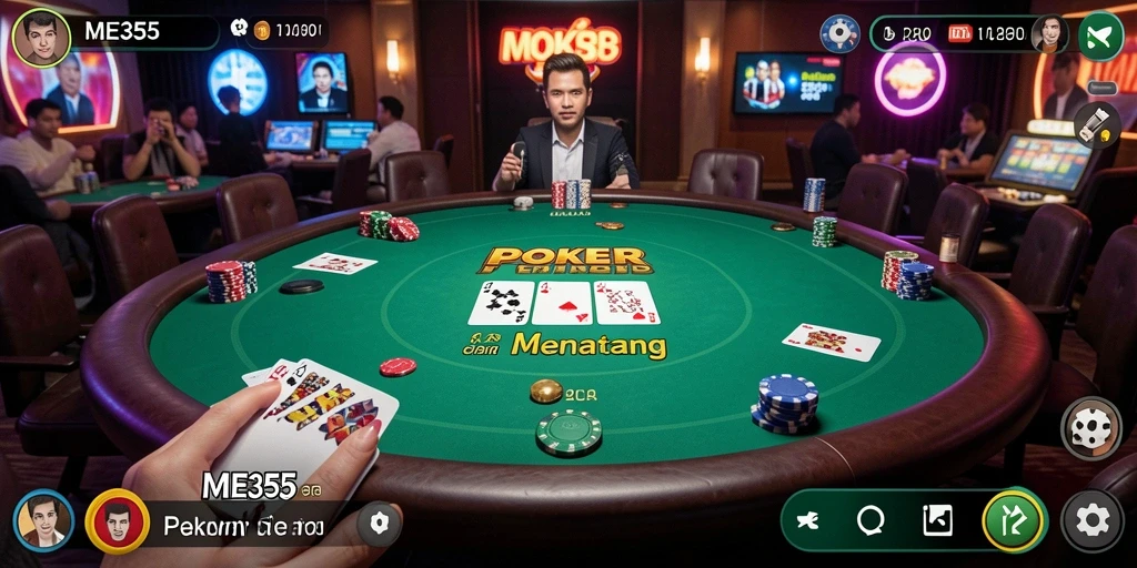Screenshot ME355 menampilkan gameplay poker yang seru dan interaktif.