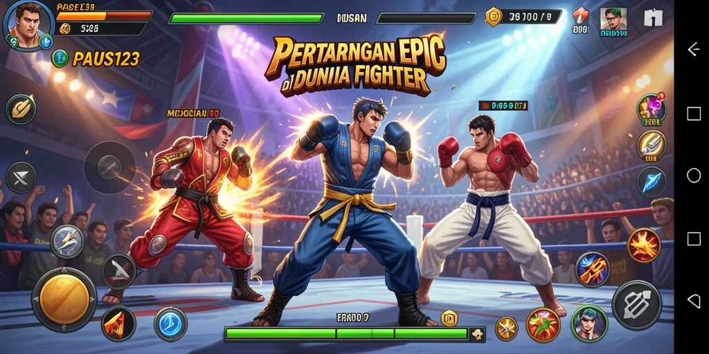 Screenshot <strong>PAUS123</strong> menampilkan pertarungan karakter epik di arena.
